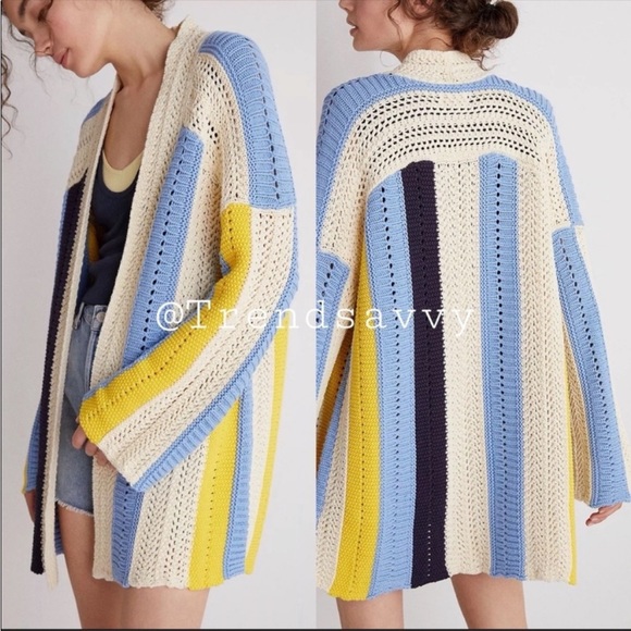 Anthropologie Sweaters - ANTHROPOLOGIE Striped Cardigans Longline Open Front Crochet Sweater Top Blue NWT